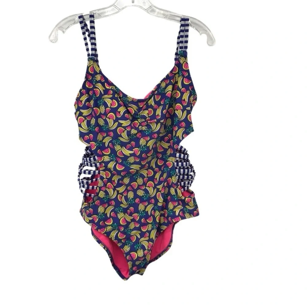 BONGO Women’s Large  One Piece Swimsuit - Blue and Pink Fruit